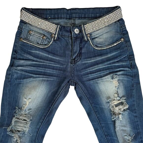 A7 Swarovski Crystals Distressed Jeans Womens 25 Low Rise Sexy Cowgirl Glam Rock - Picture 1 of 15